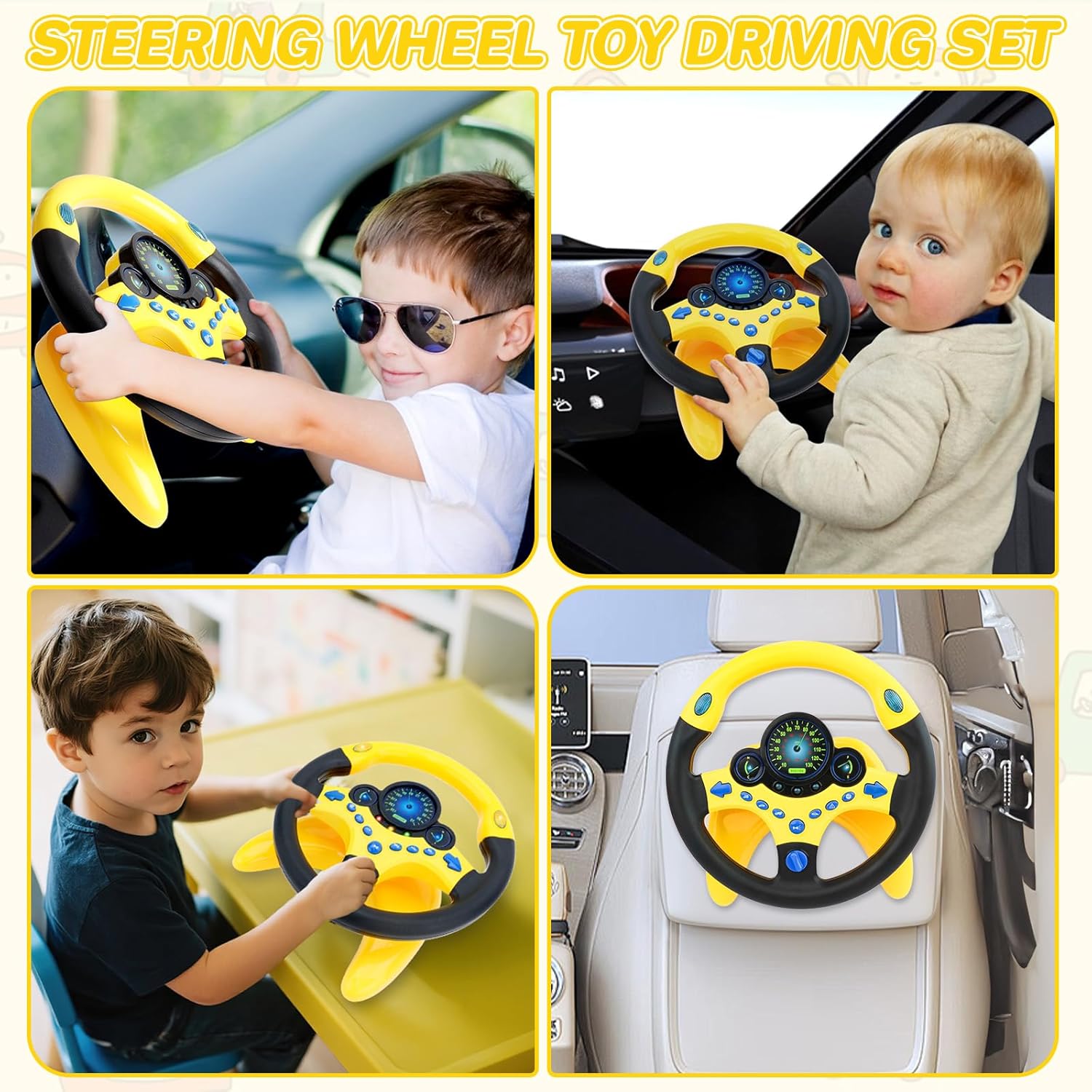 deAO Kids Steering Wheel for Backseat with Car Key Pretend Driving Simulated Driving Steering Wheel Toy with Light and Music Gifts for Kids (Yellow)